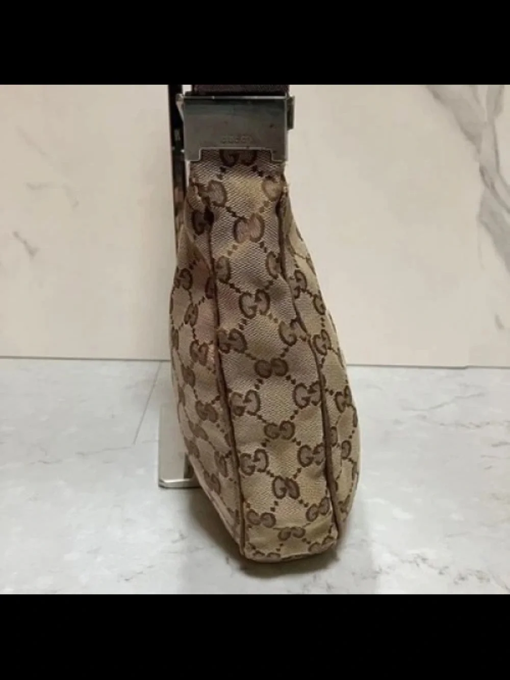 Gucci Brown Beige GG Canvas Hobo with Black Strap